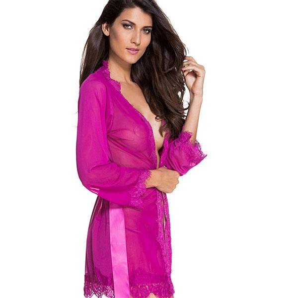 Sheer Lace Trim Purple Robe With Thong Purple -R80182-3 After Dark Iconix 
