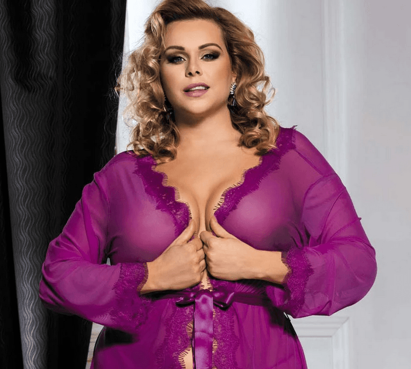 Sheer Lace Trim Purple Robe With Thong Purple -R80182-3 After Dark Iconix 