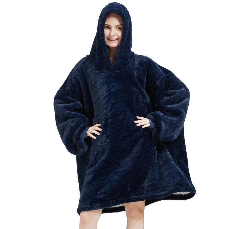 Unisex Navy Blue Oversized Plush Hooded Blanket Adult Blanket Hoodies Iconix 