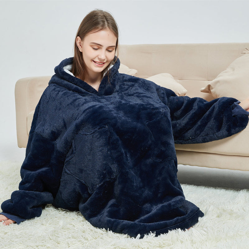 Unisex Navy Blue Oversized Plush Hooded Blanket Adult Blanket Hoodies Iconix 