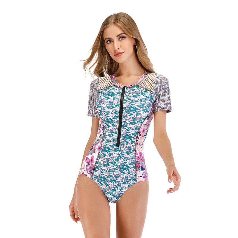 Women's Beautiful Blossoms Short Sleeve Zip Swimwear Long Sleeve Swimwear Iconix 