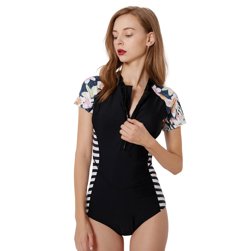 Women's Blue Blossom Short Sleeve Zip Swimwear Long Sleeve Swimwear Iconix 
