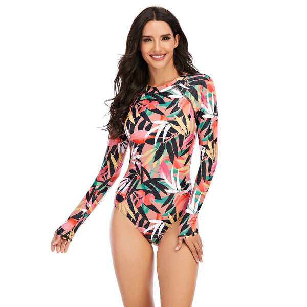 Women's Peach Fronds Long Sleeve Zip Swimwear Long Sleeve Swimwear Iconix 