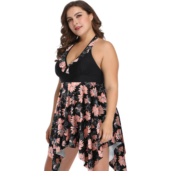 Women's Plus Size Black and Coral Flair Two-Piece Swimsuit plus size swimwear Iconix 