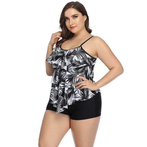 Women's Plus Size Black and White Tropic Boyleg Swimsuit