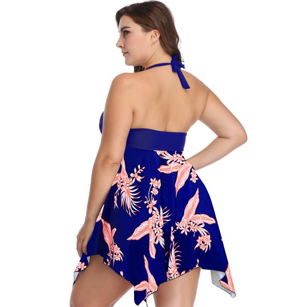 Women's Plus Size Blue and Coral Flair Two-Piece Swimsuit Plus Size Swimwear Iconix 