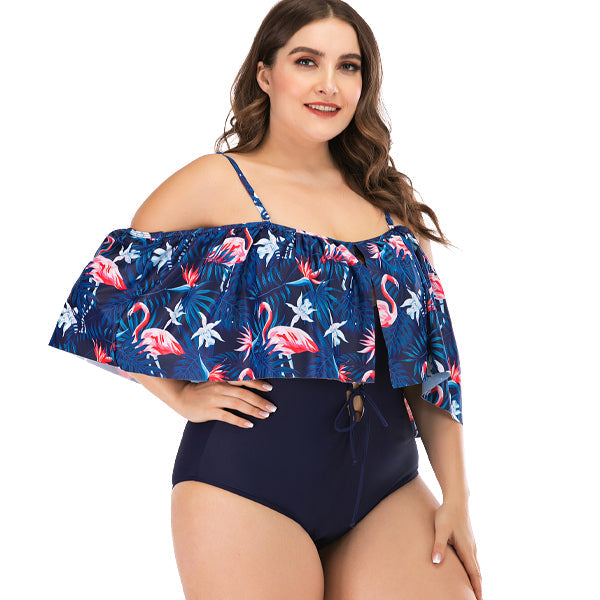 Women's Plus Size Blue Flamingo Frill Swimwear plus size swimwear Iconix 