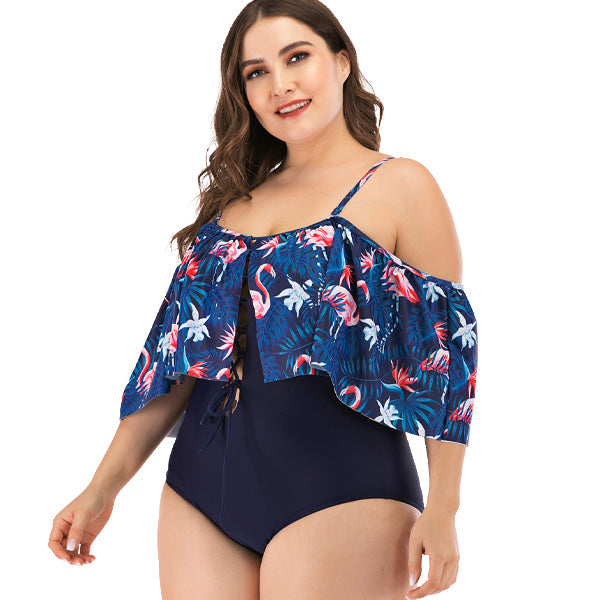 Women's Plus Size Blue Flamingo Frill Swimwear plus size swimwear Iconix 