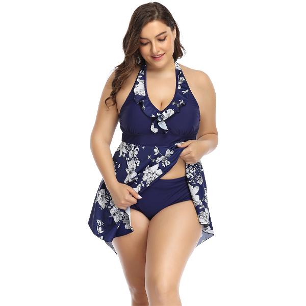 Women's Plus Size Blue Floral Flair Two-Piece Swimsuit