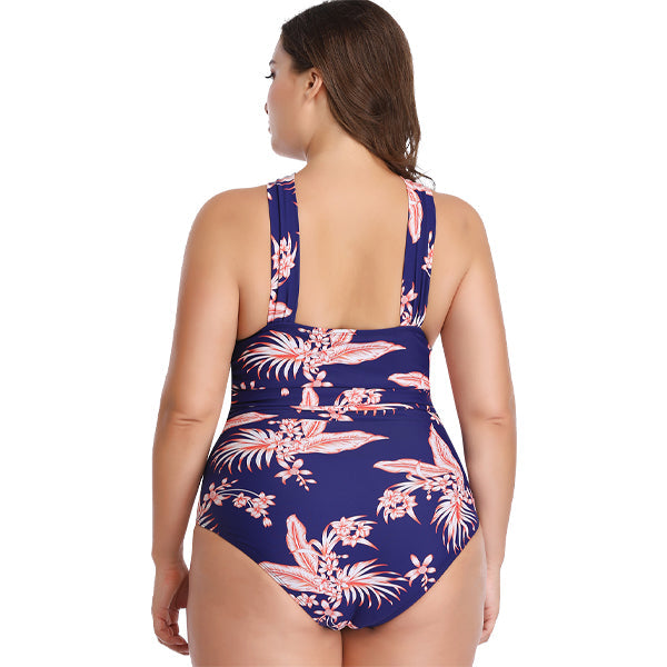 Women's Plus Size Crossover Blue and Coral One-Piece Swimwear plus size swimwear Iconix 
