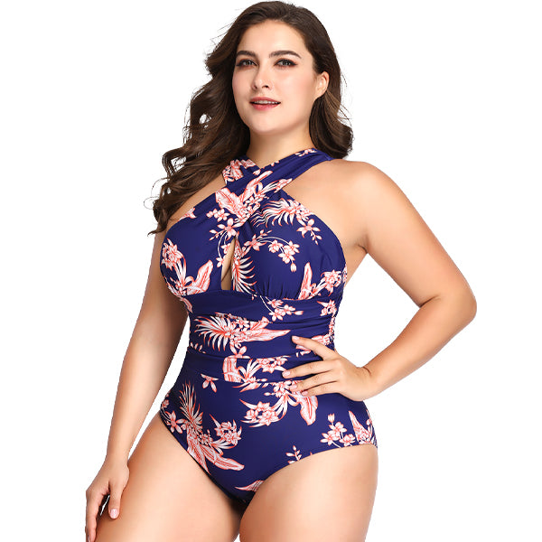 Women s Plus Size Crossover Blue and Coral One Piece Swimwear