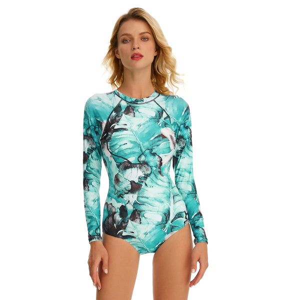 Women's Sky-Blue Bloom Long Sleeve Zip Swimwear Long Sleeve Swimwear Iconix 