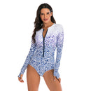 Women's White Leopard Long Sleeve Zip Swimwear Long Sleeve Swimwear Iconix 